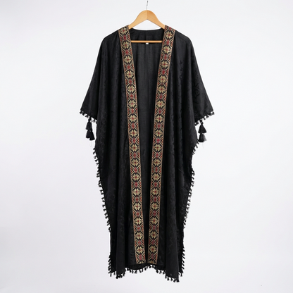 Palestinian Tatreez Bisht | Black and Gold Embroidered Heritage Abaya (Free Size)