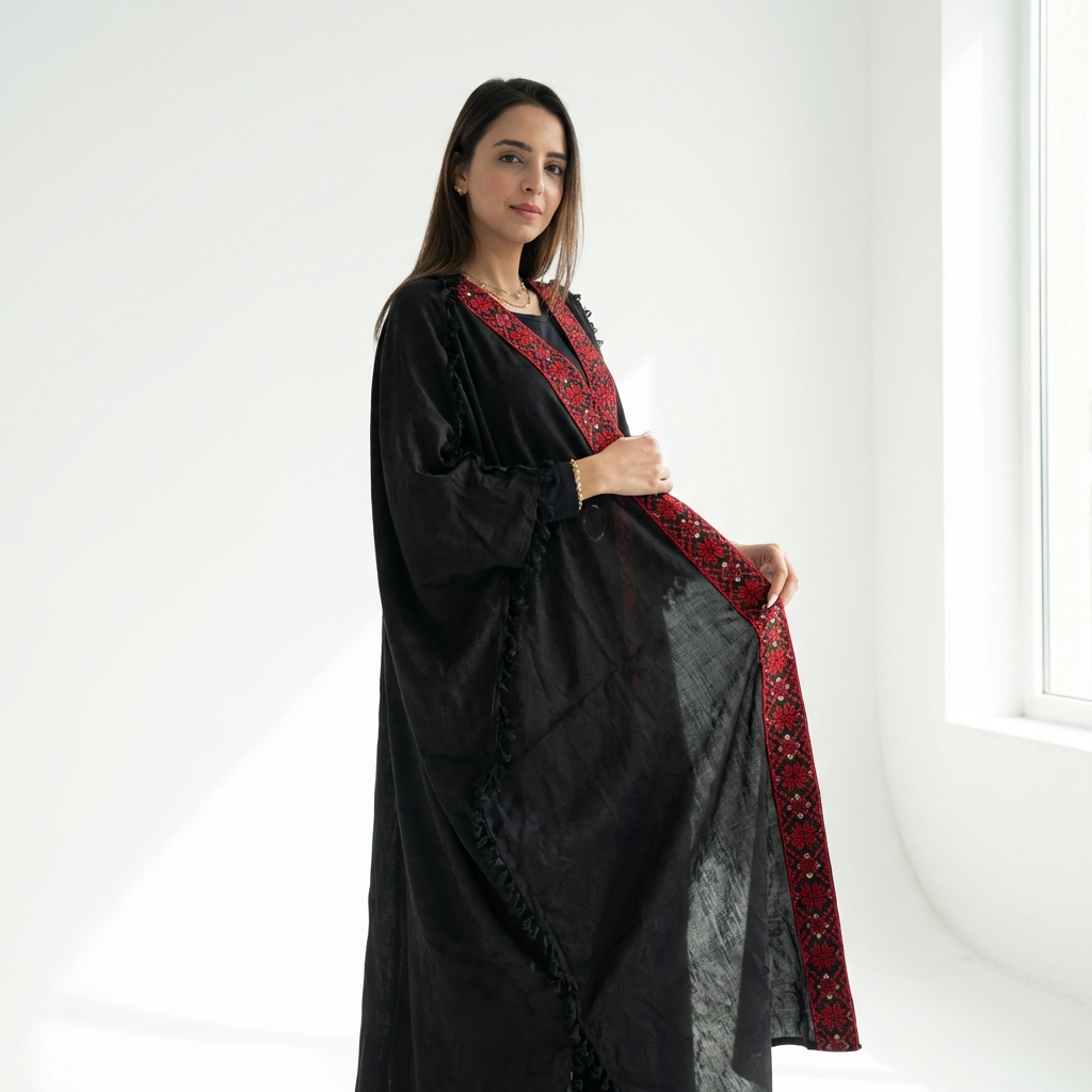 Palestinian Tatreez Bisht | Black and Colorful Red Embroidered Heritage Abaya (Free Size)