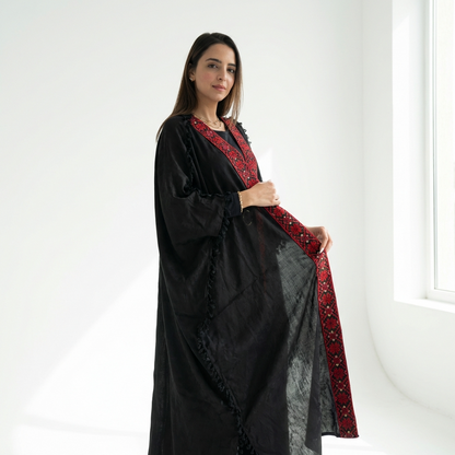 Palestinian Tatreez Bisht | Black and Colorful Red Embroidered Heritage Abaya (Free Size)
