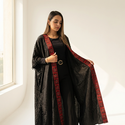 Palestinian Tatreez Bisht | Black and Colorful Red Embroidered Heritage Abaya (Free Size)