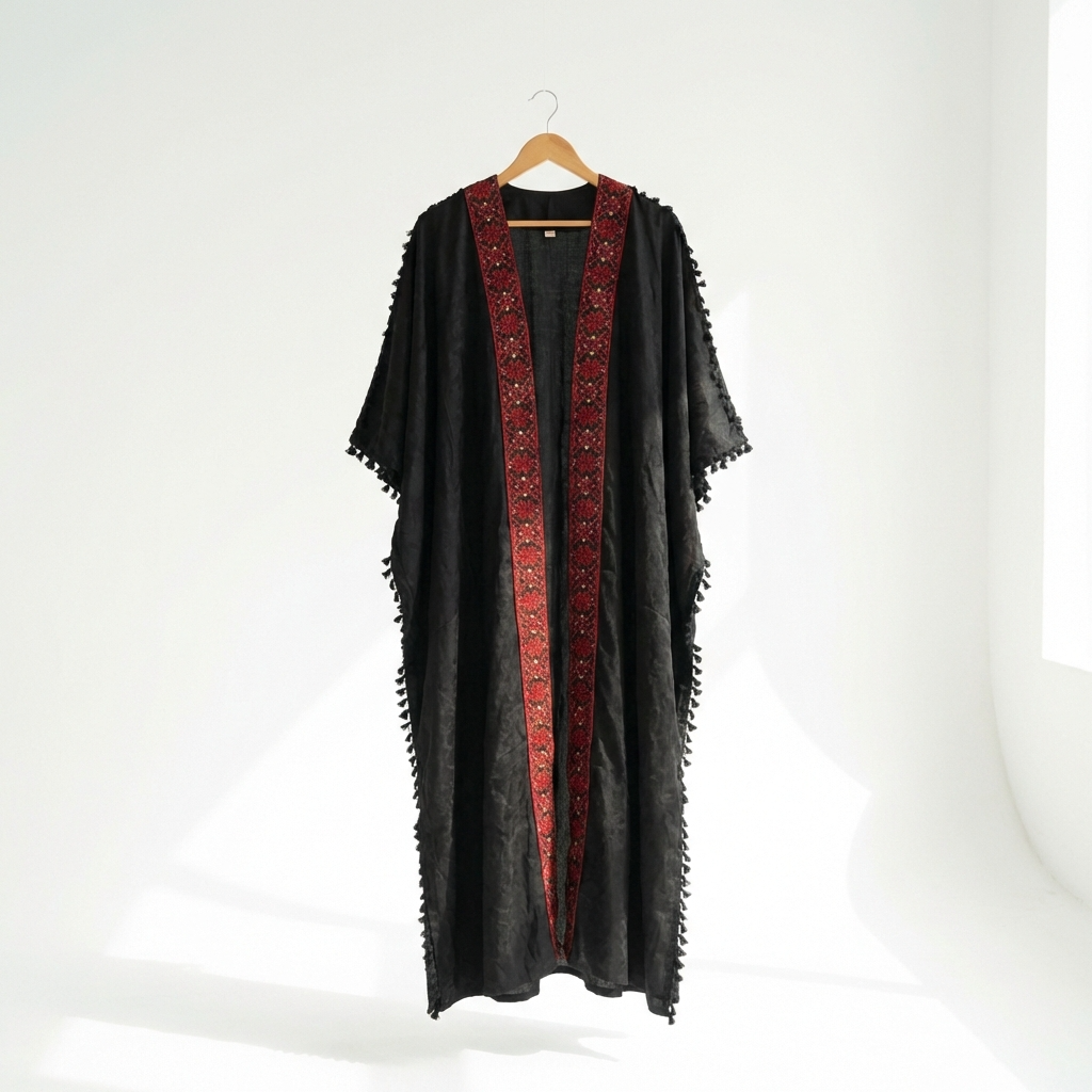 Palestinian Tatreez Bisht | Black and Colorful Red Embroidered Heritage Abaya (Free Size)