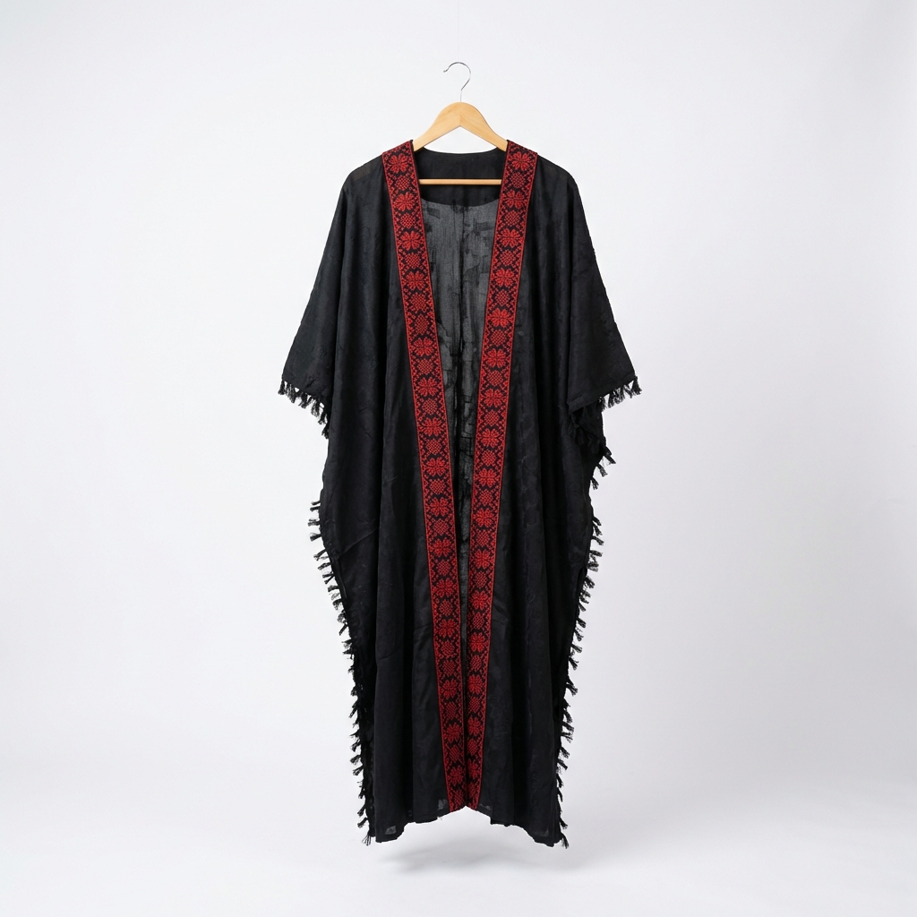 Palestinian Tatreez Bisht | Black and Red Embroidered Heritage Abaya (Free Size)