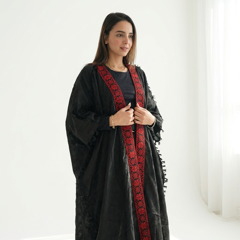 Palestinian Tatreez Bisht | Black and Red Embroidered Heritage Abaya (Free Size)