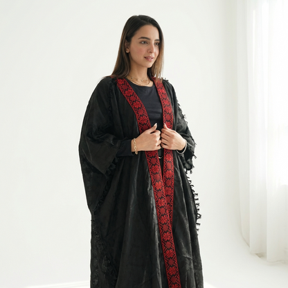 Palestinian Tatreez Bisht | Black and Red Embroidered Heritage Abaya (Free Size)