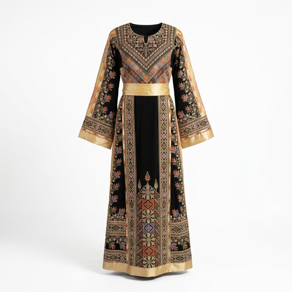 Black Formal Palestinian Thobe - Gold Tatreez