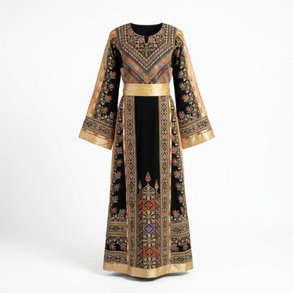 Black Formal Palestinian Thobe - Gold Tatreez