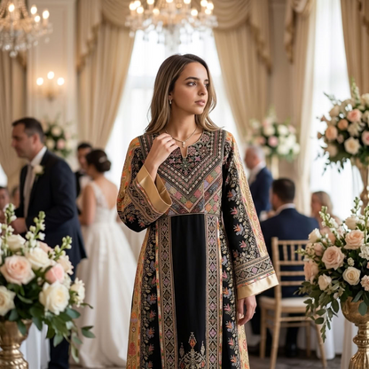 Black Formal Palestinian Thobe - Gold Tatreez