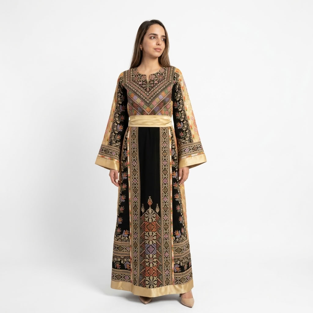 Black Formal Palestinian Thobe - Gold Tatreez