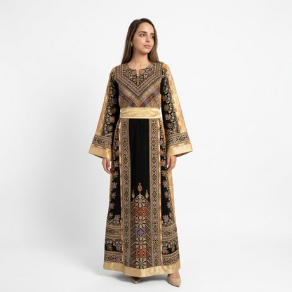 Black Formal Palestinian Thobe - Gold Tatreez