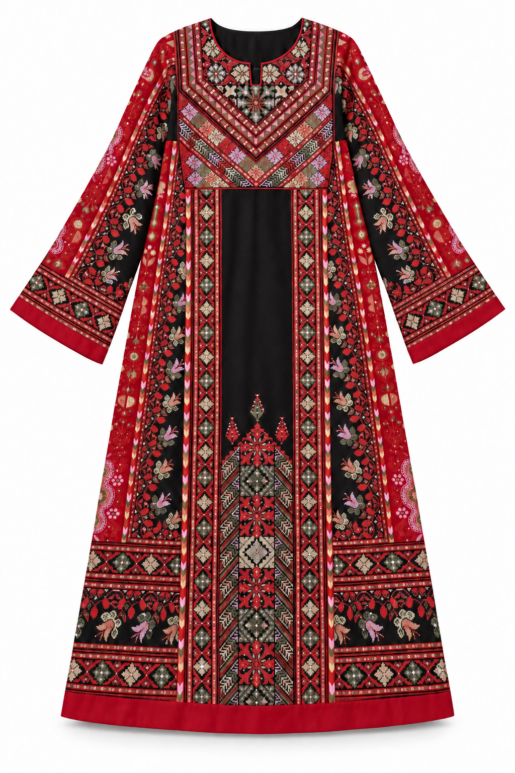Black Formal Palestinian Thobe - Red Tatreez