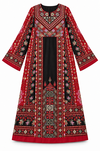 Black Formal Palestinian Thobe - Red Tatreez