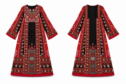 Black Formal Palestinian Thobe - Red Tatreez