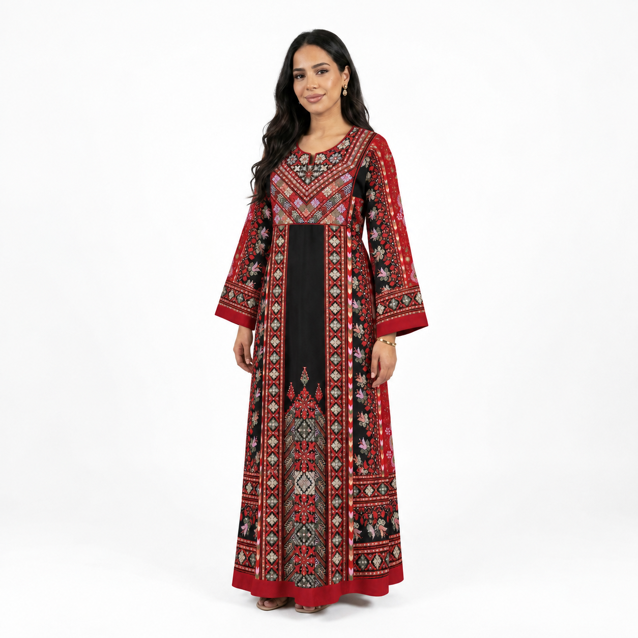 Black Formal Palestinian Thobe - Red Tatreez