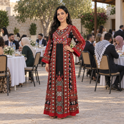 Black Formal Palestinian Thobe - Red Tatreez