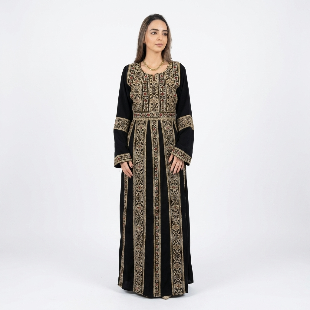 Palestinian Thobe Traditional Dress | Black with Gold Tatreez Embroidery for Adults
