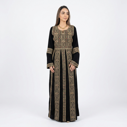 Palestinian Thobe Traditional Dress | Black with Gold Tatreez Embroidery for Adults