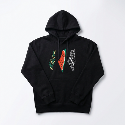 Palestine Maps Tatreez Hoodie | Watermelon Kufiya Olive Leaves