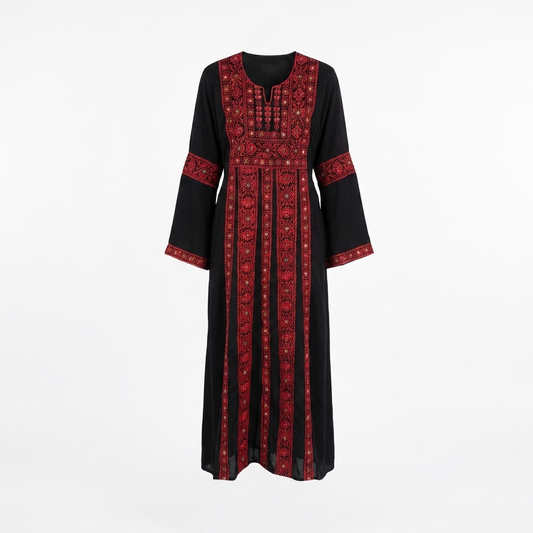 Palestinian Thobe Traditional Dress | Black with Red Tatreez Embroidery for Adults