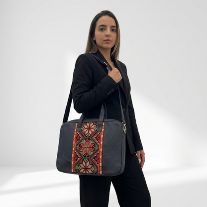 Red Tatreez Laptop Bag - Black Base | Made by Palestinian Artisans
