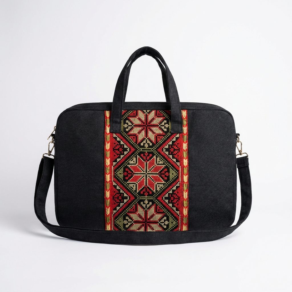 Red Tatreez Laptop Bag - Black Base | Made by Palestinian Artisans