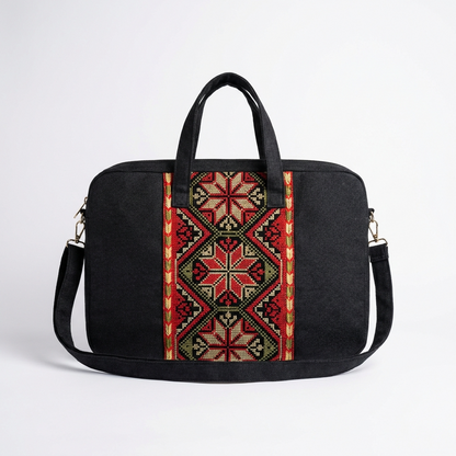 Red Tatreez Laptop Bag - Black Base | Made by Palestinian Artisans
