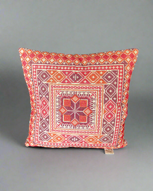 Tatreez Cushion Cover - Red & Orange on Beige | 16x16" Palestinian Embroidery