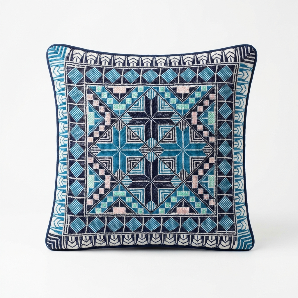 Blue Handmade Tatreez Cushion Cover – 16x16" – February 2026 Edition