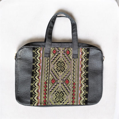 Olive Green Tatreez Laptop Bag - Black Base | Made by Palestinian Artisans