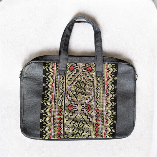 Olive Green Tatreez Laptop Bag - Black Base | Made by Palestinian Artisans