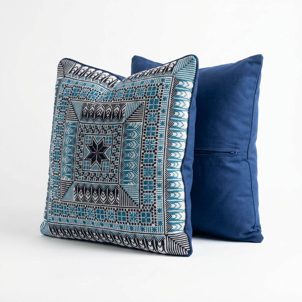 Blue Handmade Tatreez Cushion Cover – 16x16" – February 2026 Edition