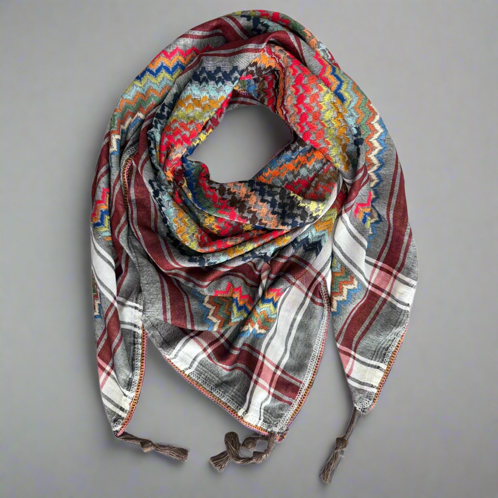 Handmade Palestinian multicoloured kufiyya in ashy gray base
