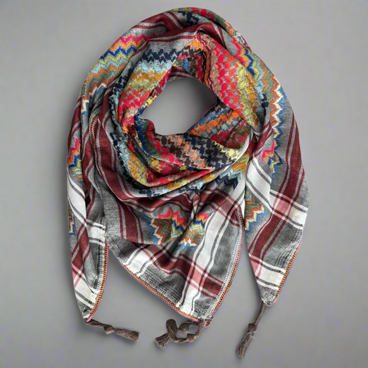 Handmade Palestinian multicoloured kufiyya in ashy gray base