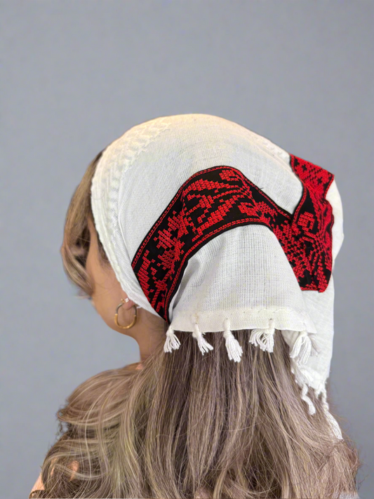 Kufiya Bandanas - All White - Plain Red Tatreez | Triangle-Cut Scarf