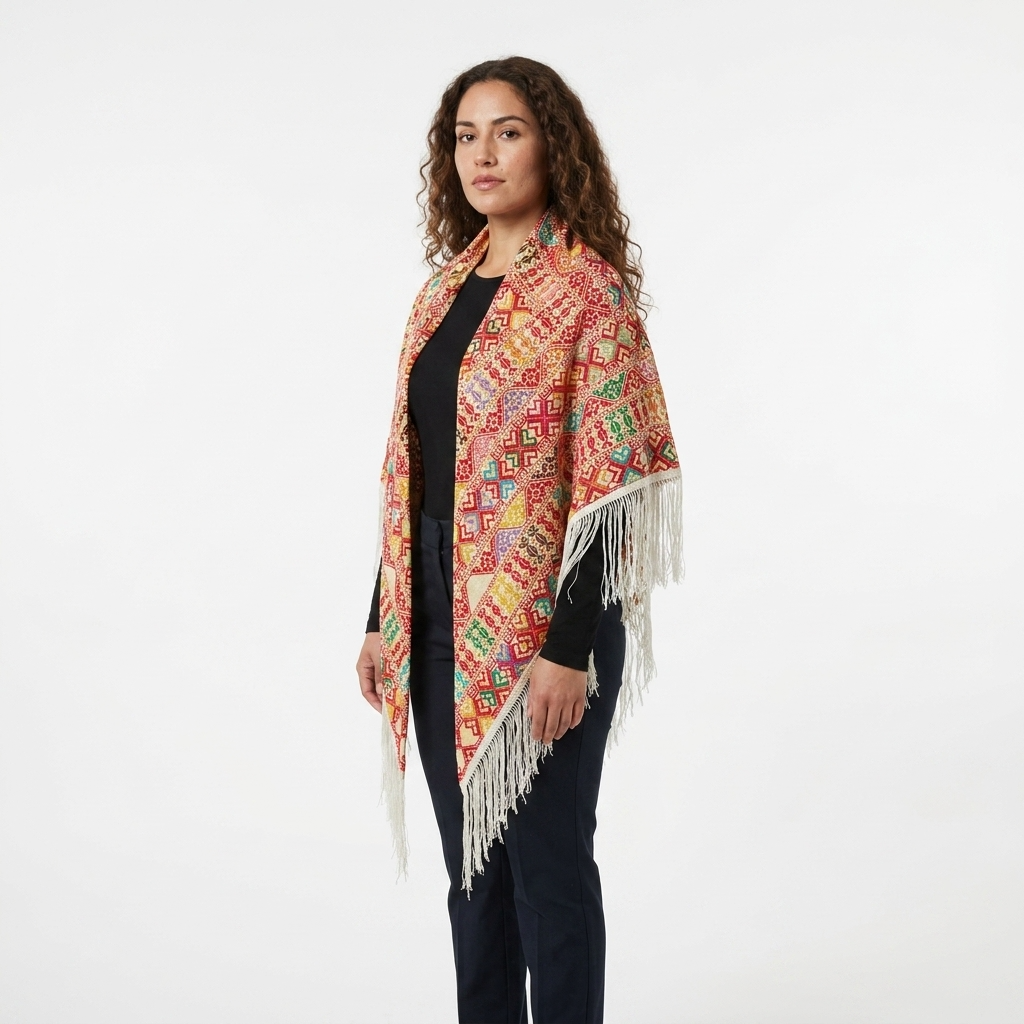 Farah Hand-Stitched Shawl - Multicolor Ivory
