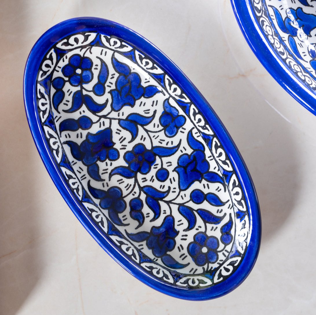 Oval Side - Al-Khalil Navy Floral Design - Hand-Painted Palestinian Ceramic