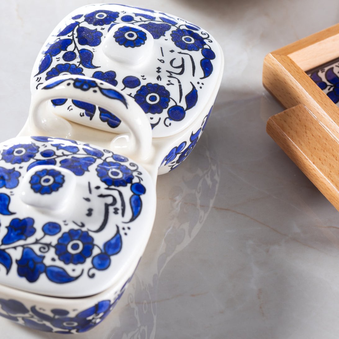 Zait & Zaatar Double Dip - Al-Khalil Navy Floral Design - Hand-Painted Palestinian Ceramic