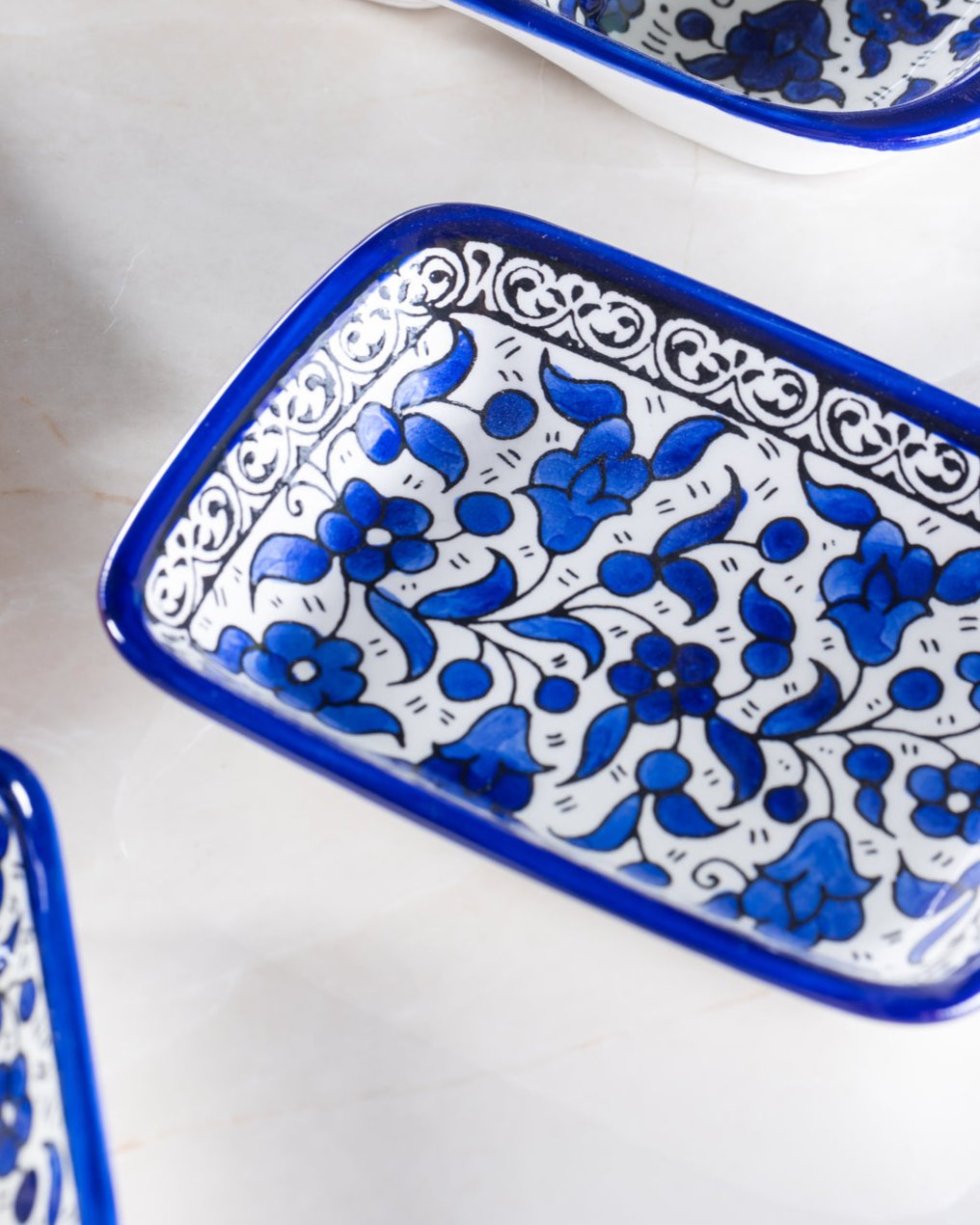 Rectangular Side - Al-Khalil Navy Floral Design - Hand-Painted Palestinian Ceramic