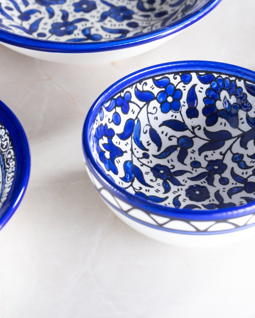 Dip Bowl (Small & Medium) - Al-Khalil Navy Floral Design - Hand-Painted Palestinian Ceramic