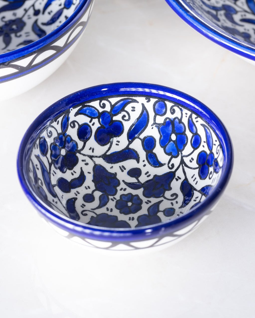 Dip Bowl (Small & Medium) - Al-Khalil Navy Floral Design - Hand-Painted Palestinian Ceramic