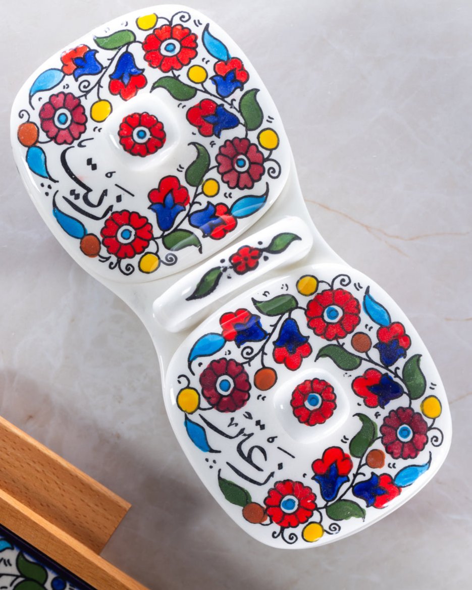 Zait & Zaatar Double Dip - Al-Khalil Multicolored Design - Hand-Painted Palestinian Ceramic