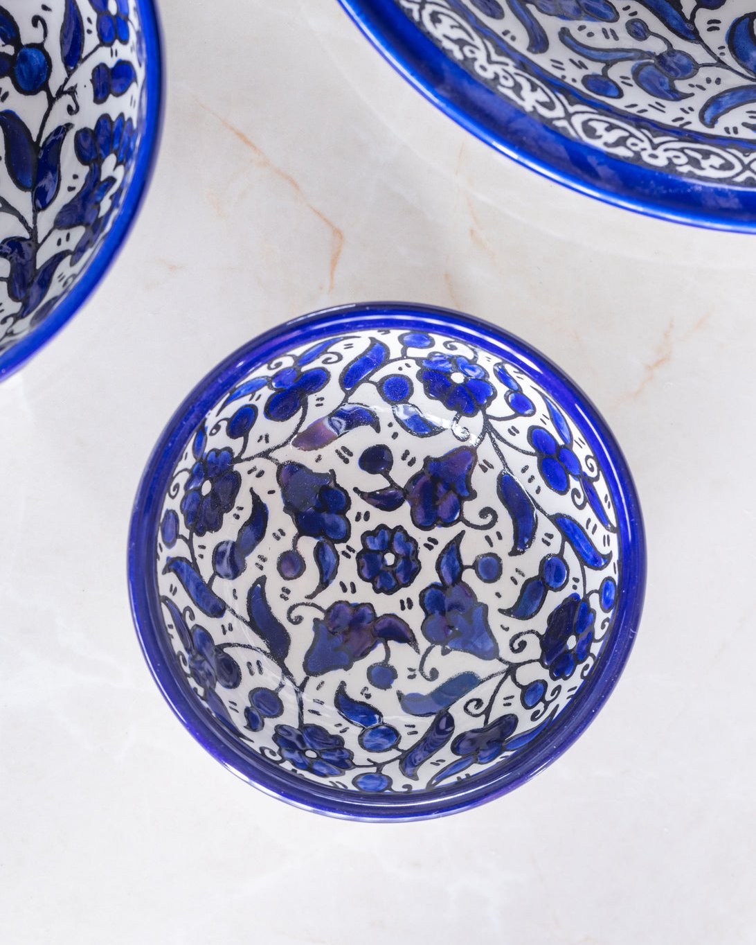 Dip Bowl (Small & Medium) - Al-Khalil Navy Floral Design - Hand-Painted Palestinian Ceramic