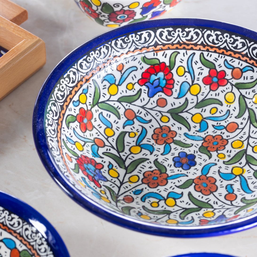 Dish (Medium & Large) - Al-Khalil Multicolored Floral Design - Hand-Painted Palestinian Ceramic