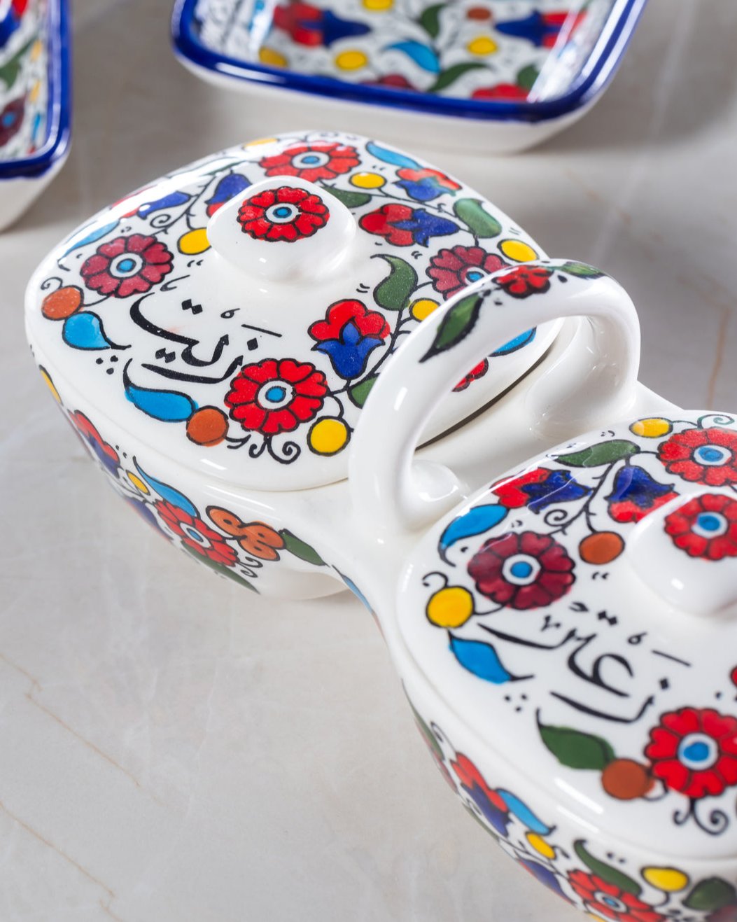 Zait & Zaatar Double Dip - Al-Khalil Multicolored Design - Hand-Painted Palestinian Ceramic