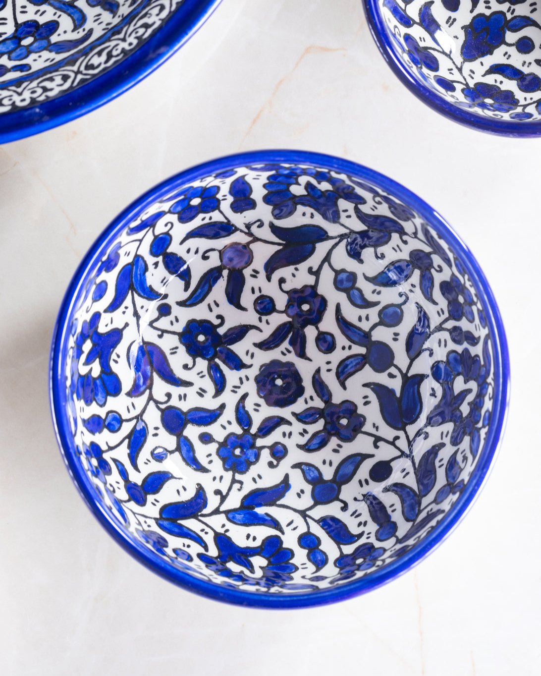 Dip Bowl (Small & Medium) - Al-Khalil Navy Floral Design - Hand-Painted Palestinian Ceramic