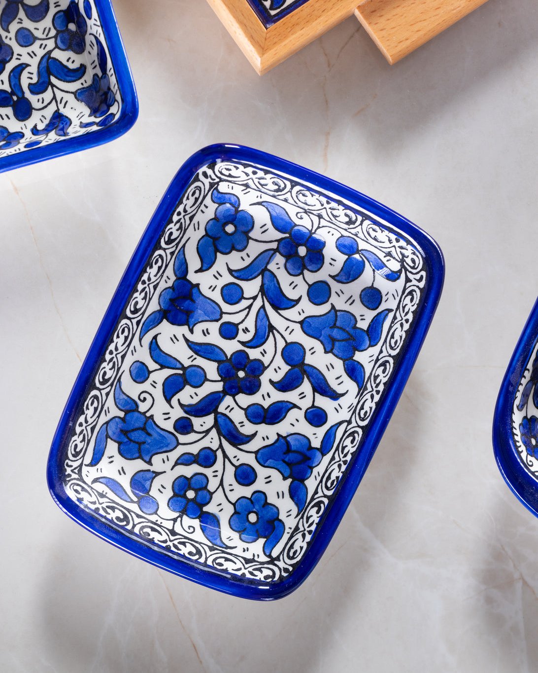 Rectangular Side - Al-Khalil Navy Floral Design - Hand-Painted Palestinian Ceramic