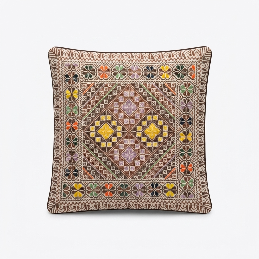 Brown Hand-Stitched Tatreez Cushion Cover - August 2026 Edition