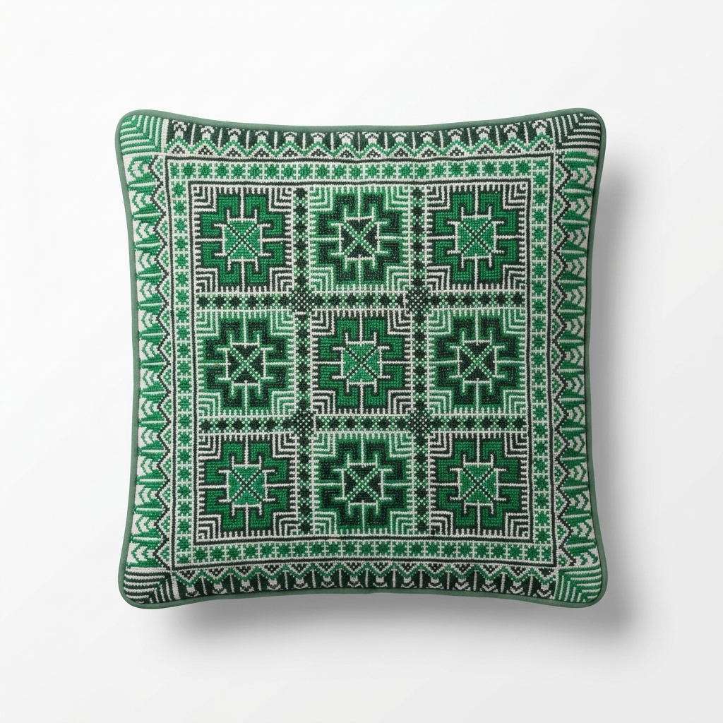 Green Hand-Stitched Tatreez Cushion Cover - August 2026 Edition