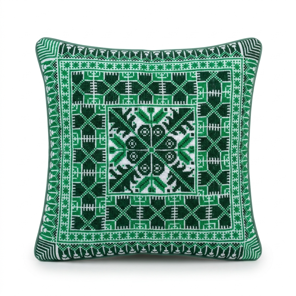 Green Hand-Stitched Tatreez Cushion Cover - August 2026 Edition