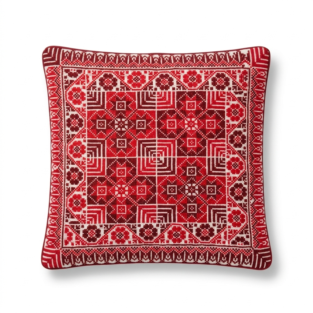 Red Hand-Stitched Tatreez Cushion Cover - August 2026 Edition