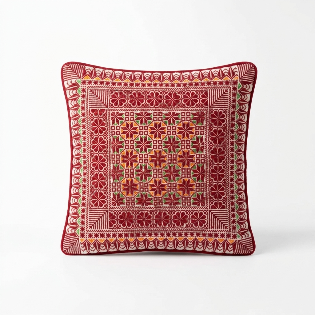 Red Hand-Stitched Tatreez Cushion Cover - August 2026 Edition